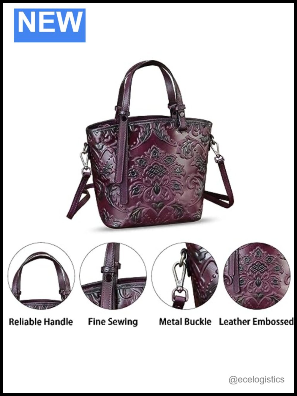 Genuine Leather Satchel Handbag with Embossed Pattern, 3-in-1 Wear, Handmade - Picture 2 of 6